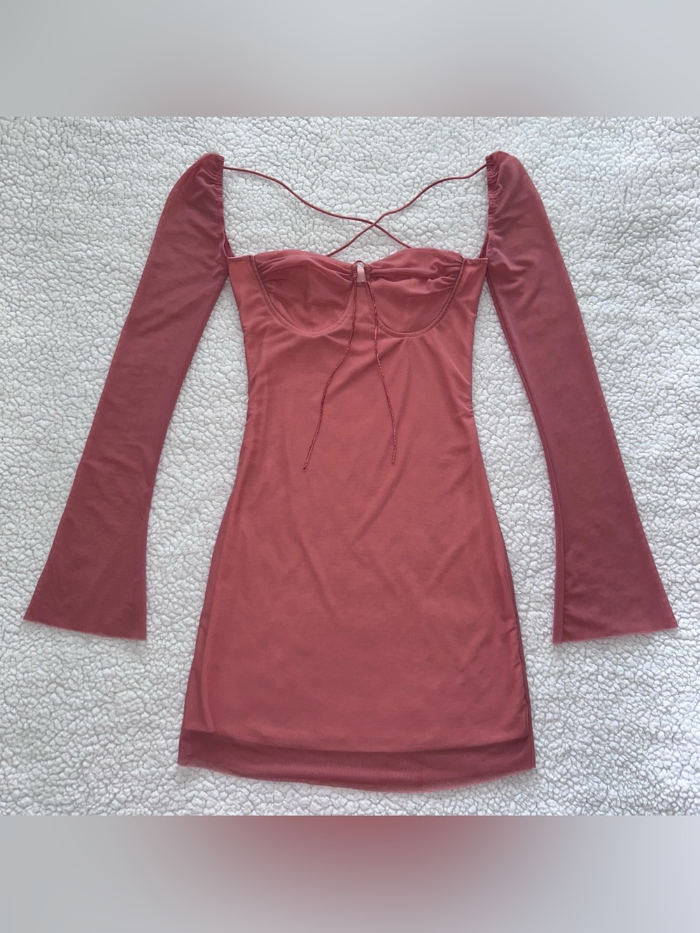 Mauve pink chiffon sheer bodycon mini halter dress flared sleeves front tie S
